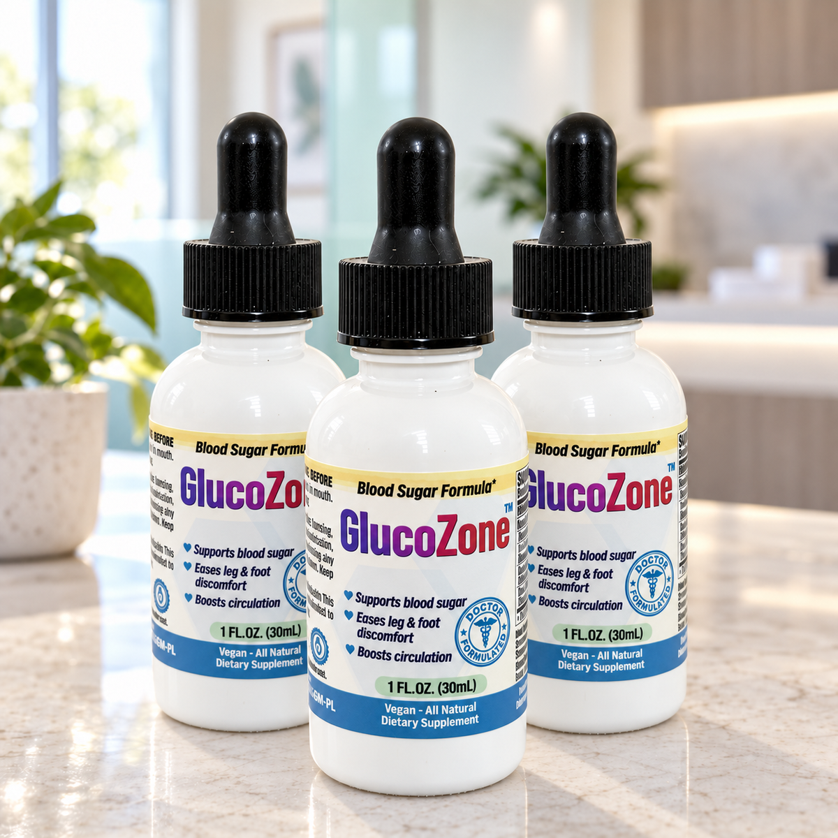 GlucoZone 3-bottle package arranged on a light counter in a bright clinic-inspired setting.