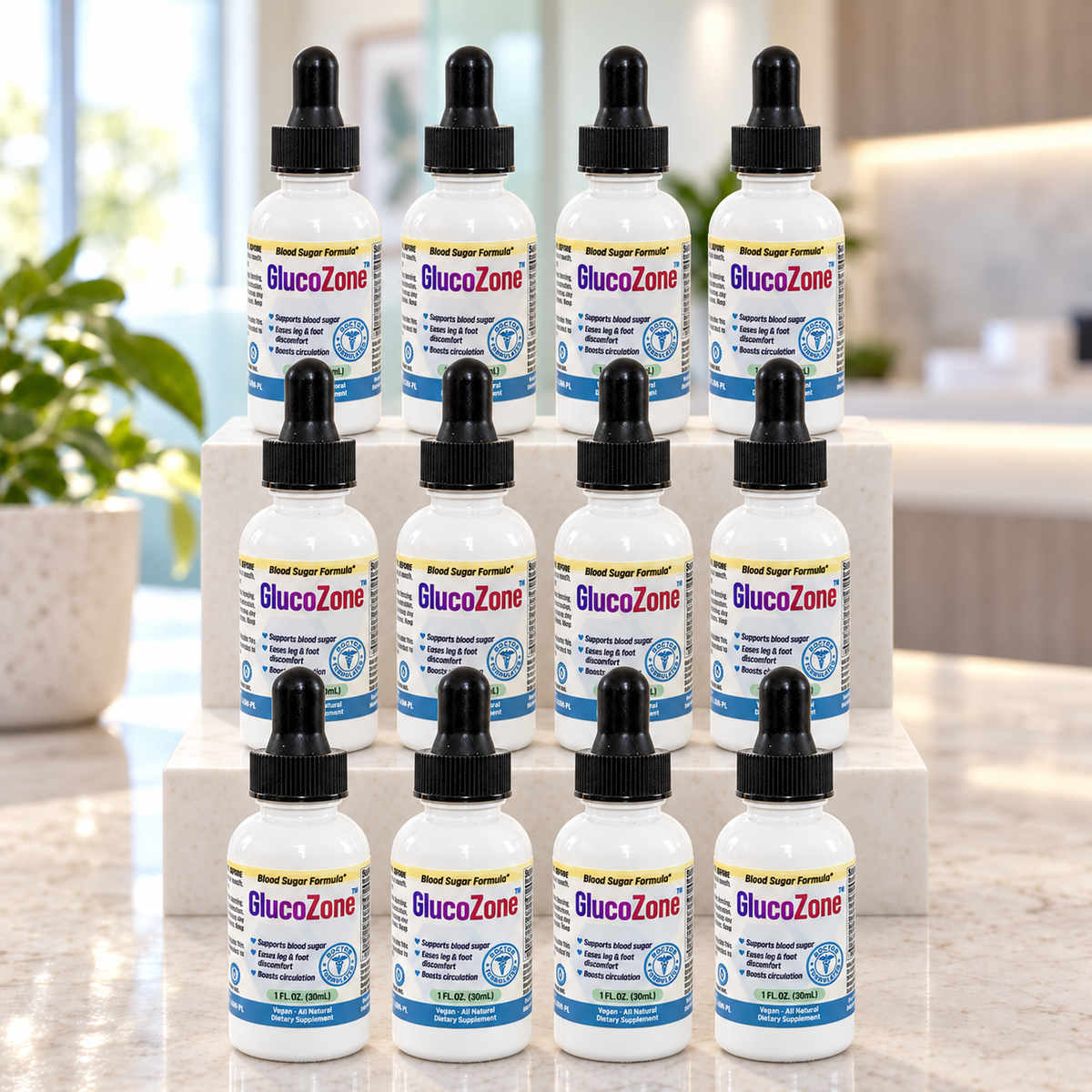 GlucoZone 12-bottle package arranged on a light counter in a bright clinic-inspired setting.