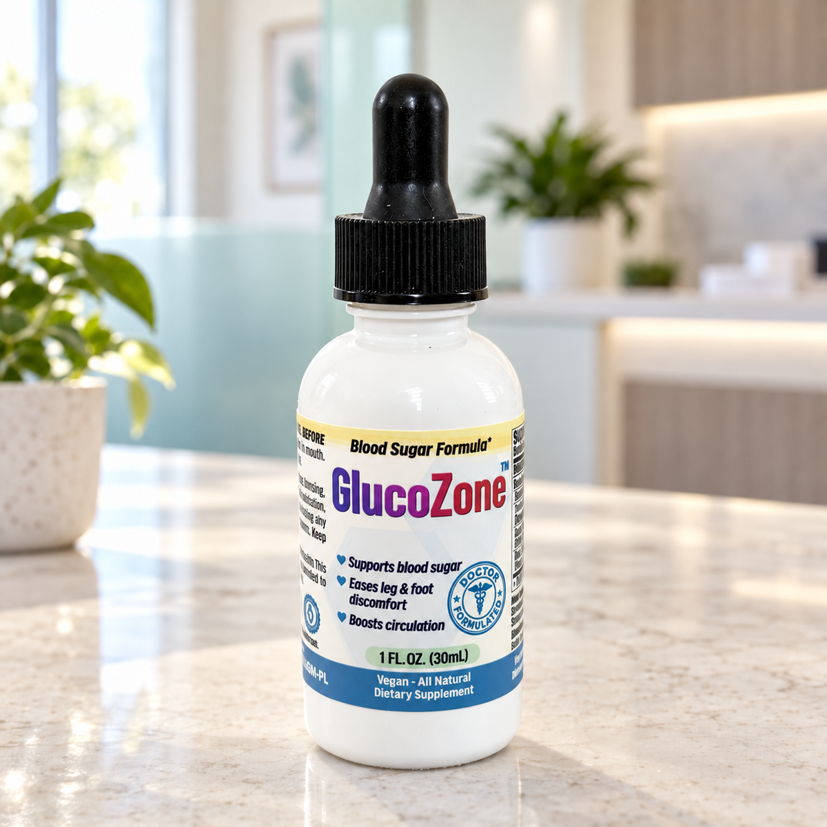 GlucoZone 30 mL dropper bottle with softly lit label on a light counter in a bright clinic-inspired setting.
