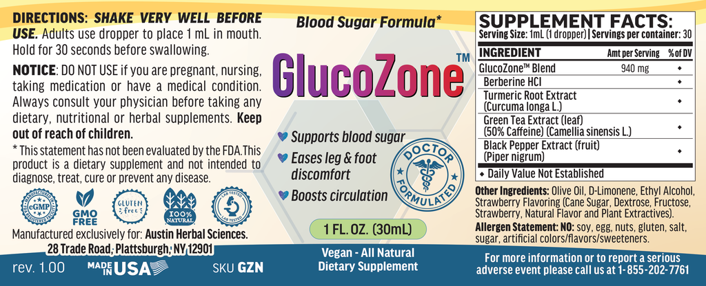 GlucoZone complete wraparound label, revision 1.00, with Supplement Facts, ingredients, directions, cautions and manufacturer information.