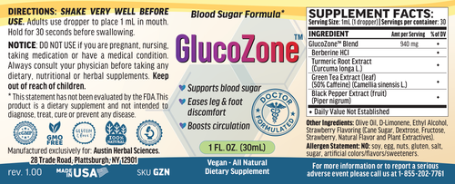 GlucoZone complete wraparound label, revision 1.00, with Supplement Facts, ingredients, directions, cautions and manufacturer information.